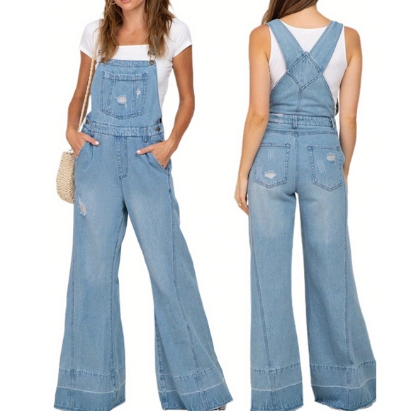 Light wash Wide leg Pockets Bib Jumpsuit